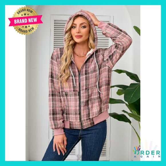 Sherpa Lined Flannel Hoodie Jacket Cozy Casual Full Zip Plaid Oversized - Picture 7 of 8